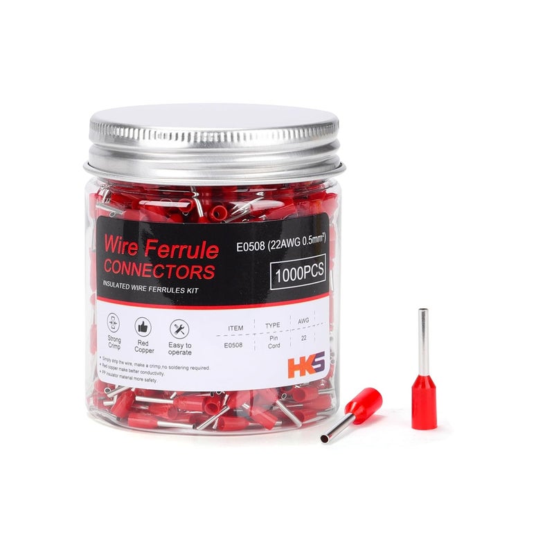 HK-S 1000PCS Wire Ferrule Connectors - AWG 22-0.5mm² Copper Barrel Pin Cord Ends Insulated Ferrules Terminals - E0508 Red - Image 1